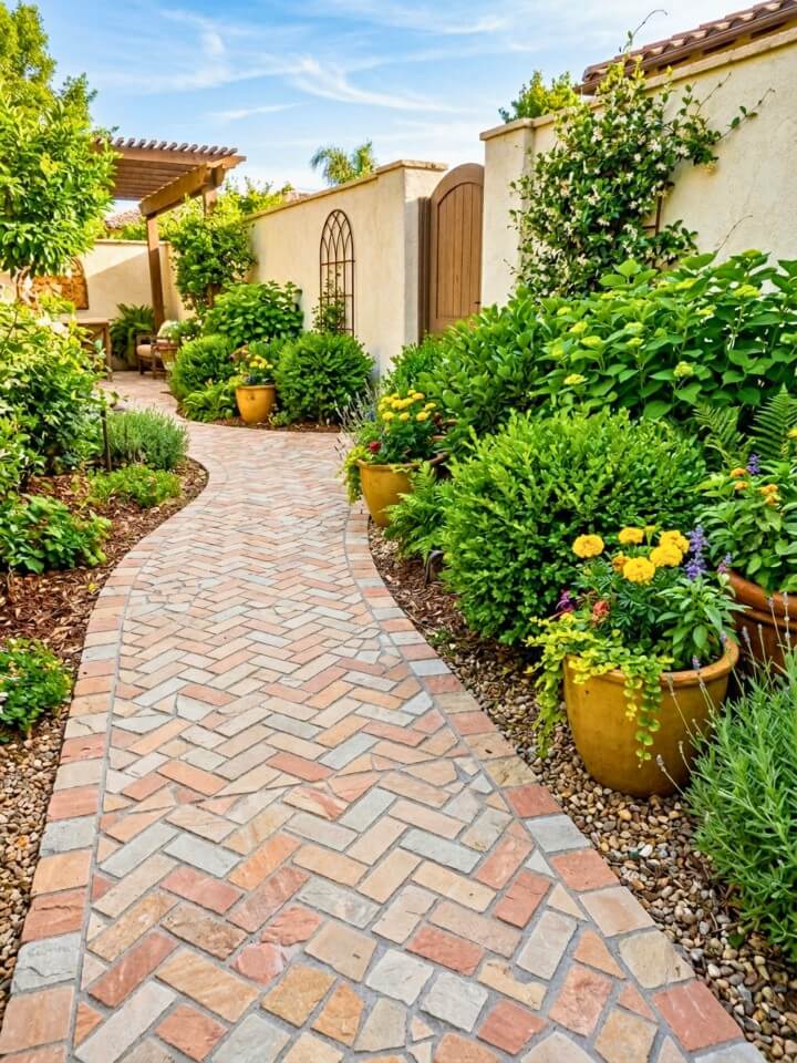 mixed stone mosaic rock walkway with colorful designs