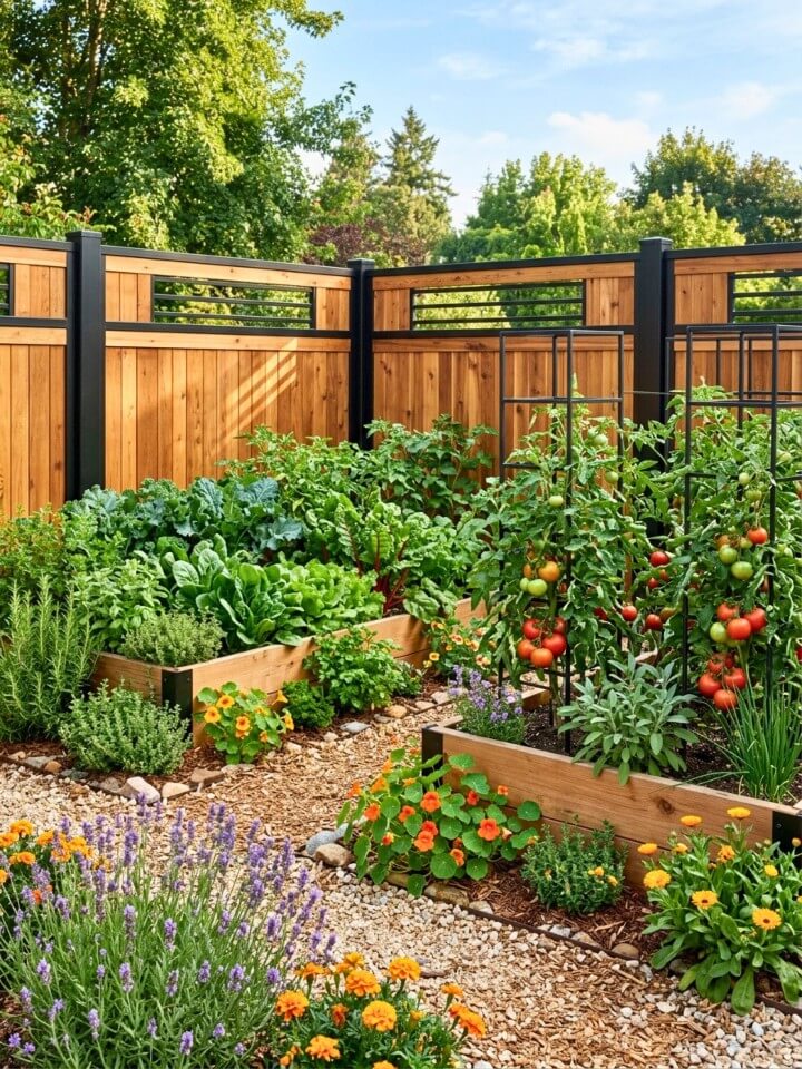 mixed wood and metal garden fence