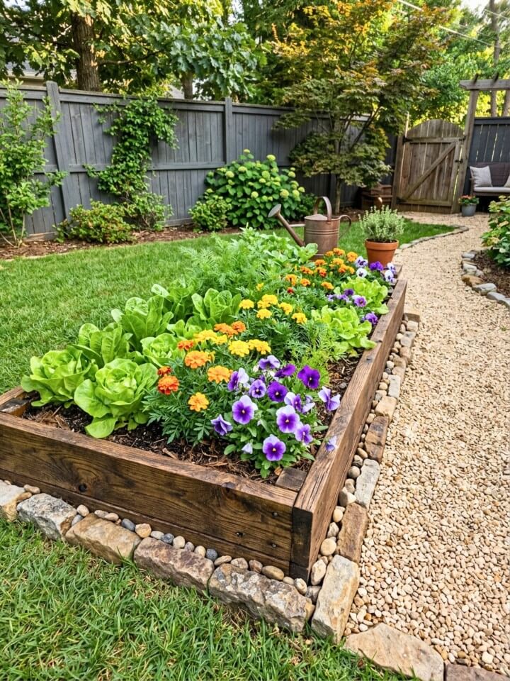 mixed wood and stone pallet garden bed