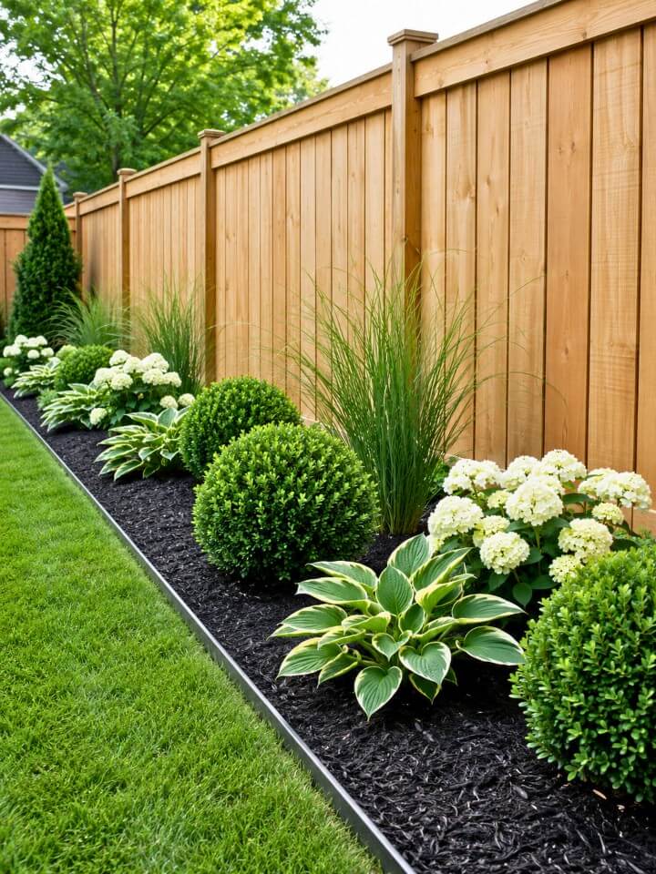 modern black mulch for fence line landscaping