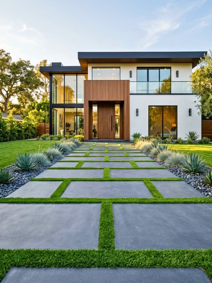 modern concrete slabs with grass infill