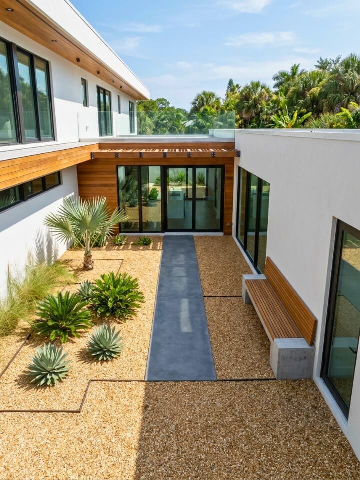 modern courtyard with gravel ground cover
