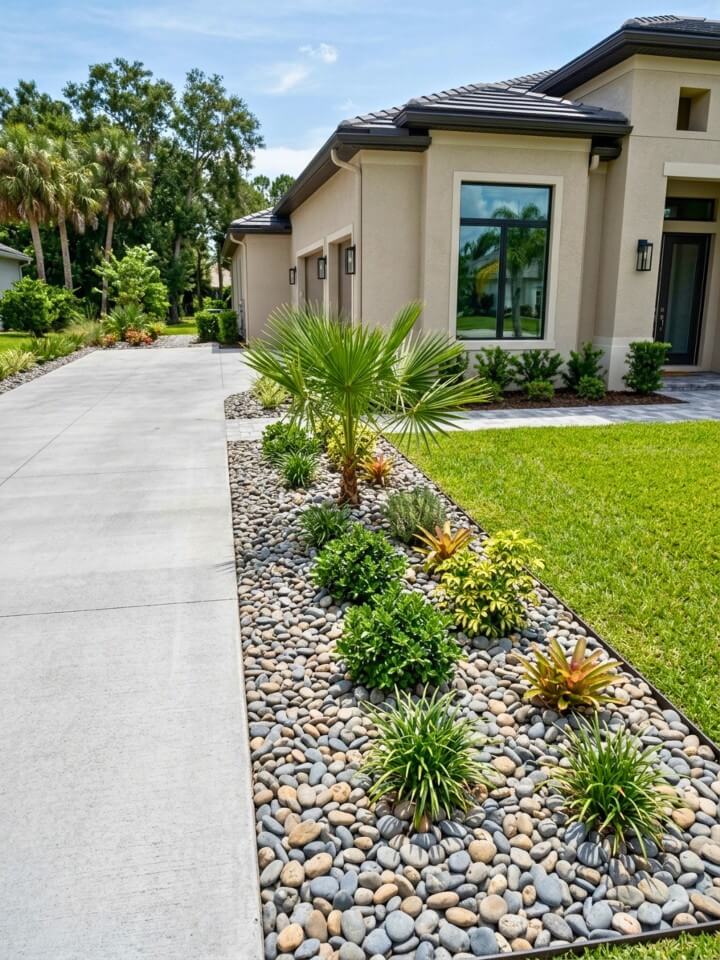 modern curb appeal with river rock borders