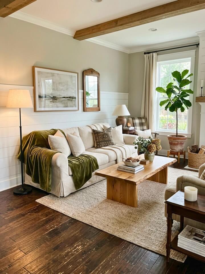 modern farmhouse warmth living room with deep floors