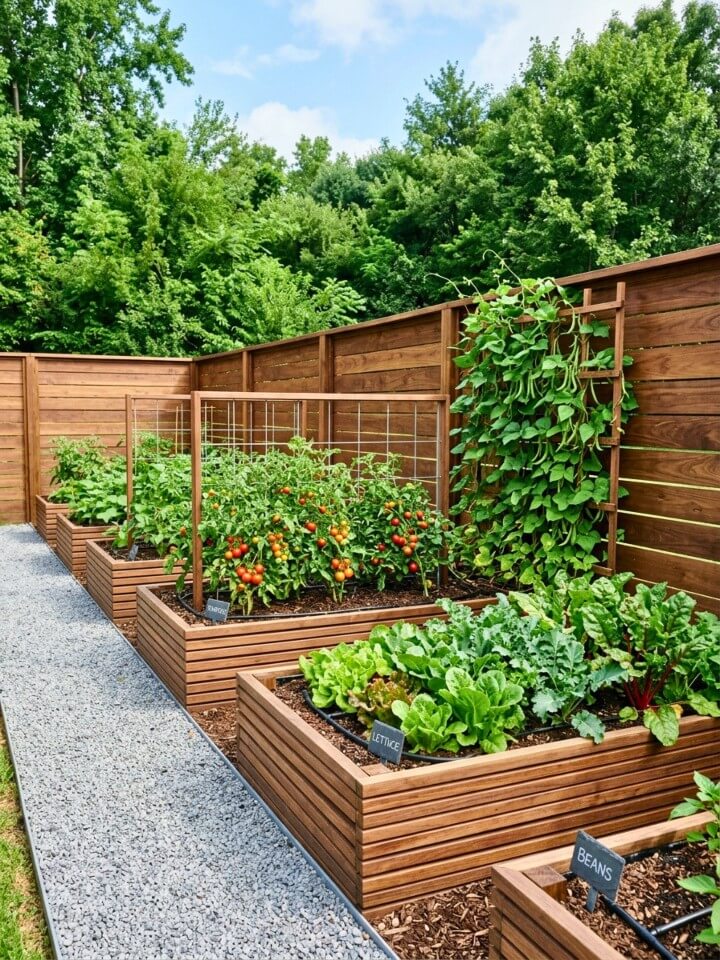 modern horizontal slat fence with raised beds