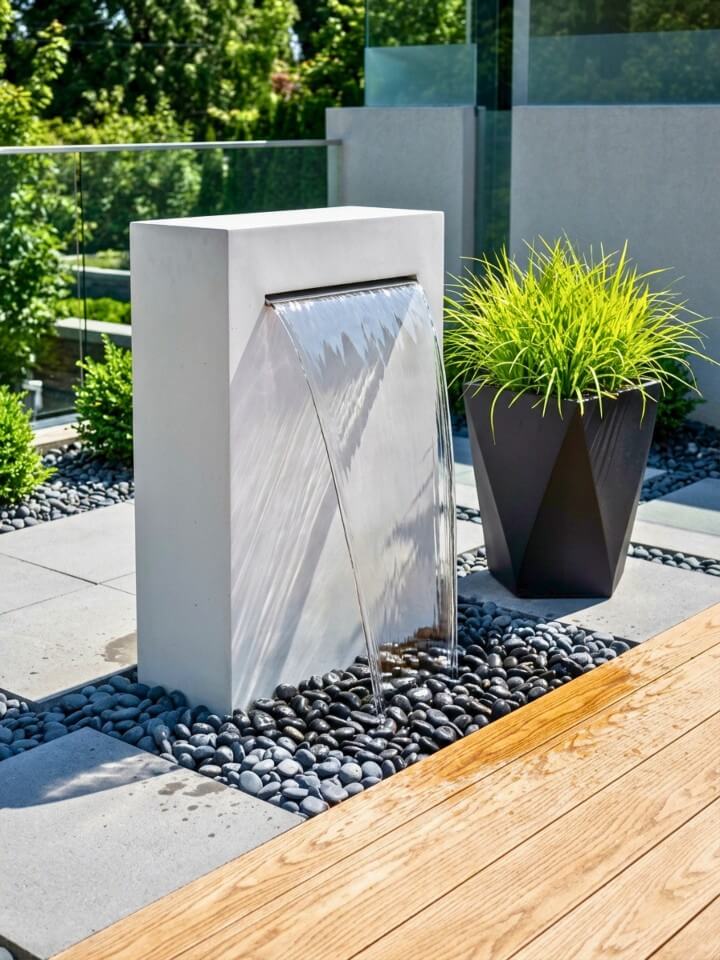 modern minimalist water column garden fountain on patios