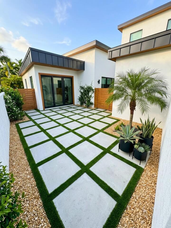 modern yard with artificial turf accents
