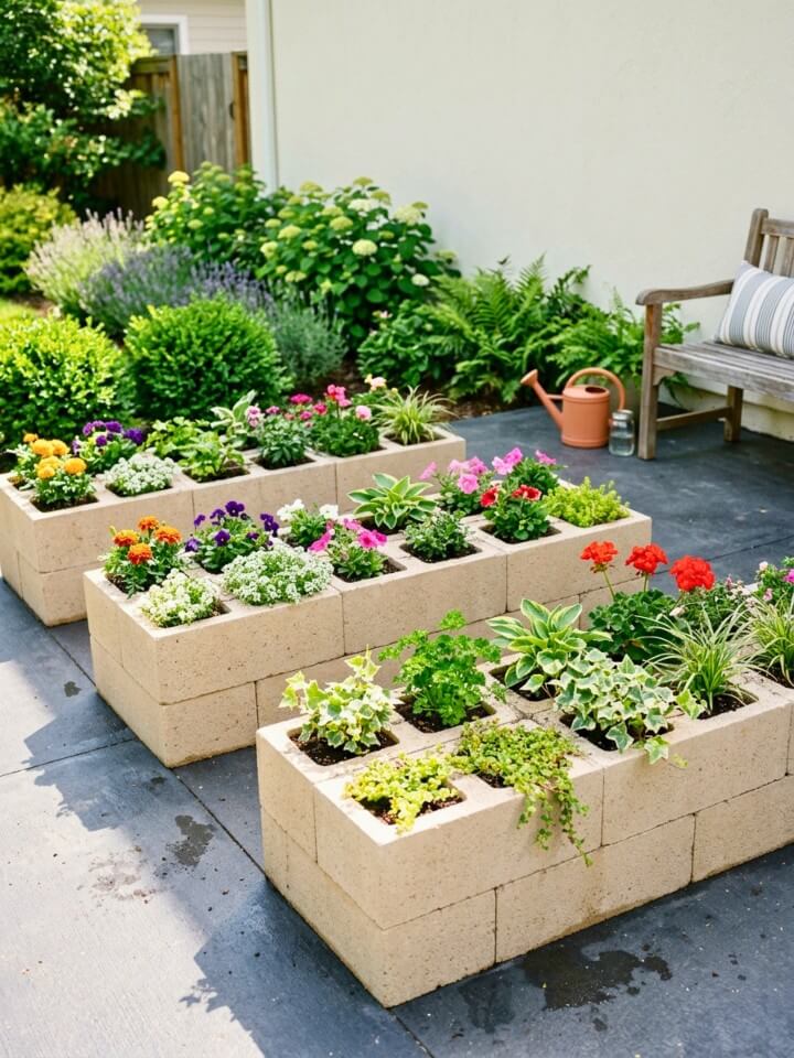 modular cinder block planter for seasonal plant swaps