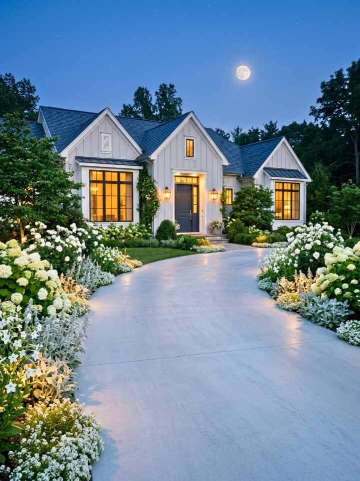 moonlit white garden borders for a glowing driveway edge