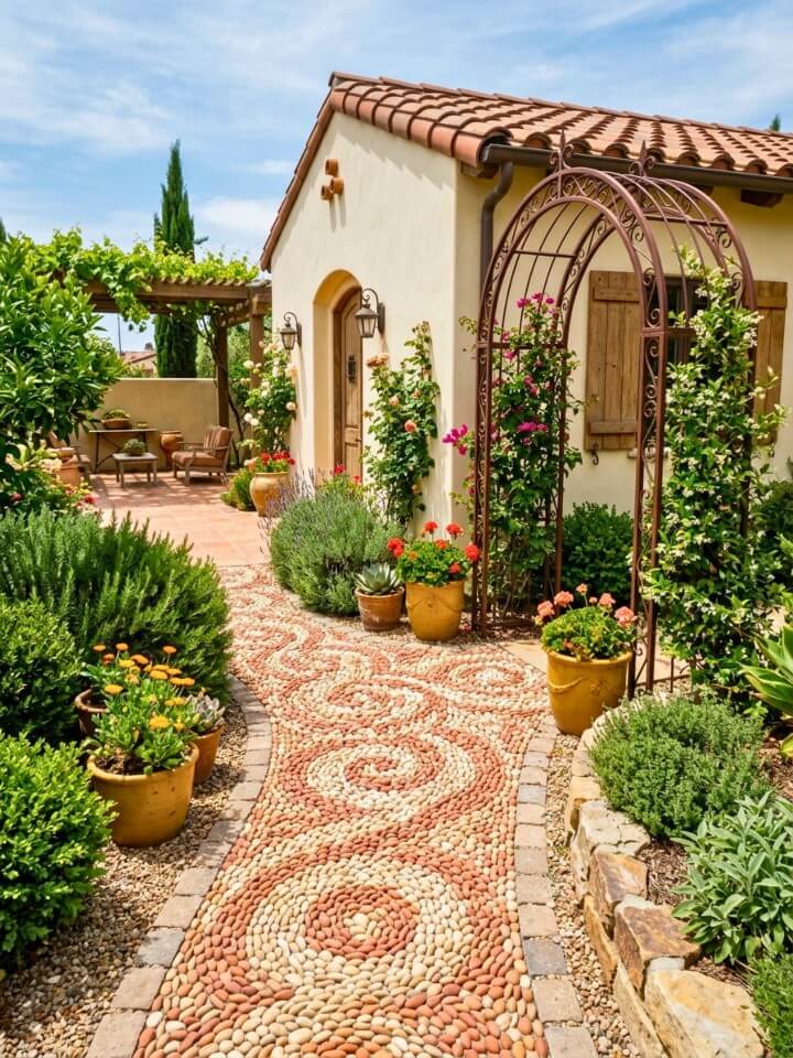 mosaic pebble rock walkway with artistic patterns