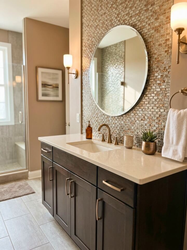 mosaic tiles with metallic flecks on a vanity backsplash