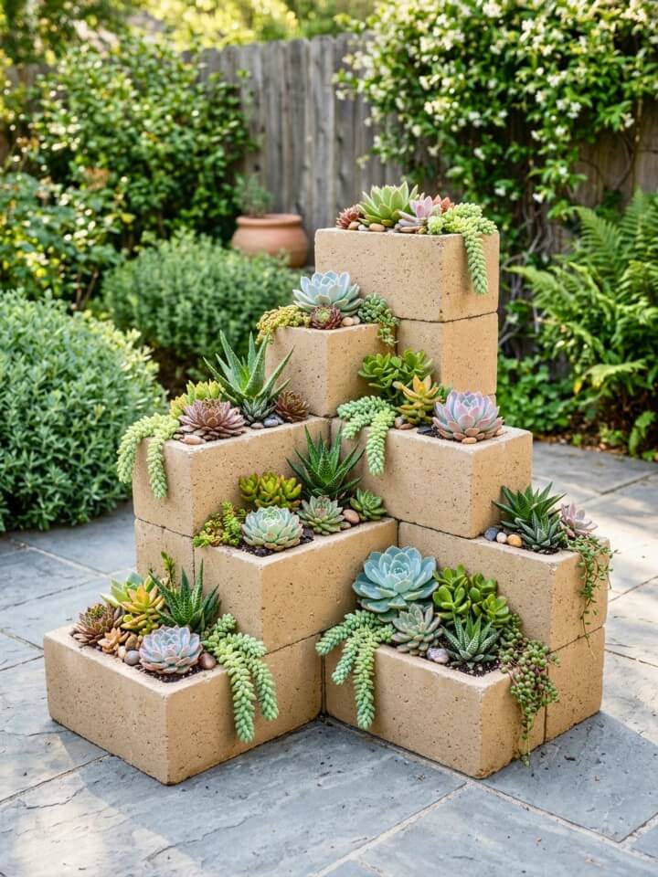 multi level succulent display with cinder block beds