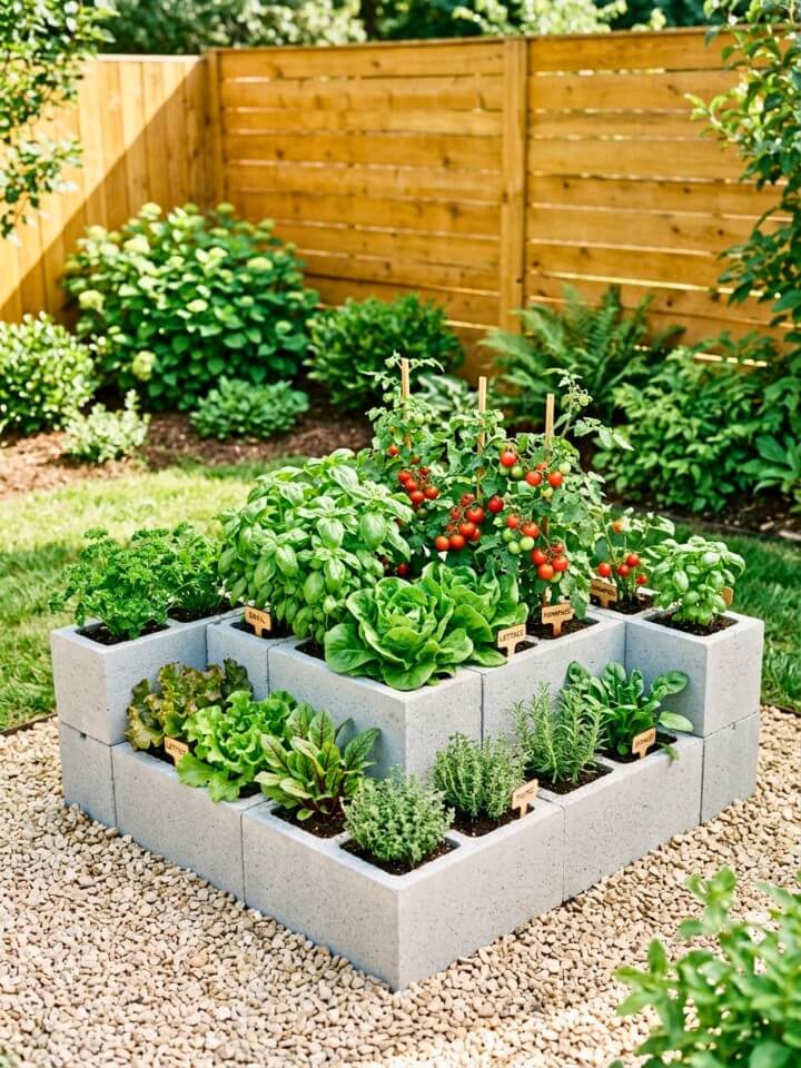 multi section companion planting bed with cinder blocks