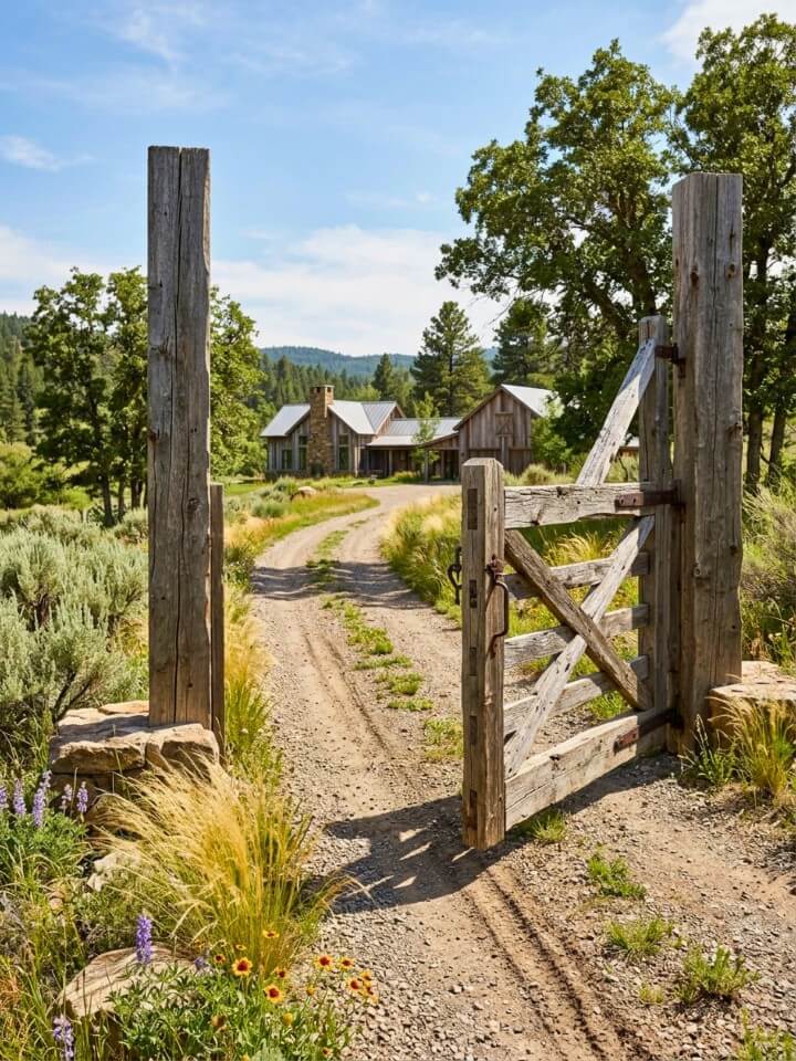 native wood gate with natural weathered finish