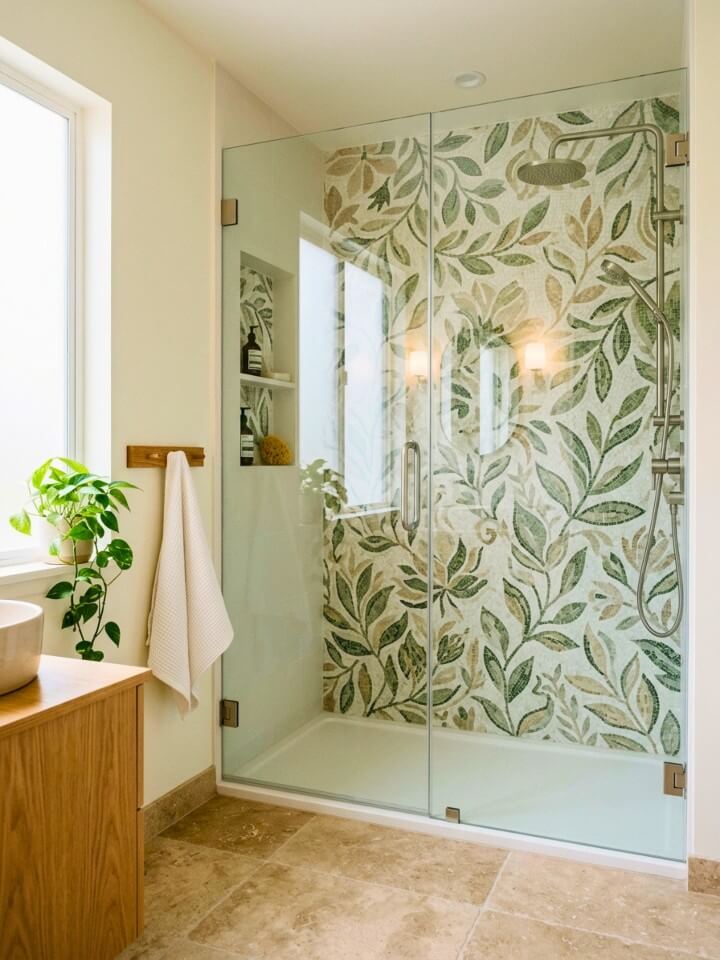 nature inspired leaf mosaic shower wall