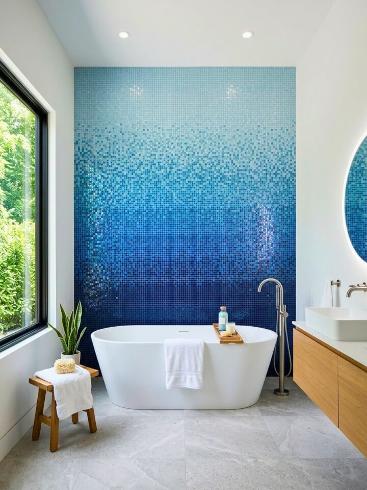 ombre mosaic wall behind the bathtub for gradient effect