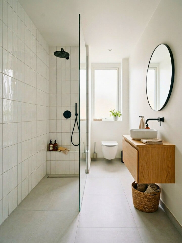 open glass panel curbless shower design