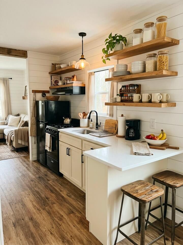 open shelves that keep everyday dishes easy to reach