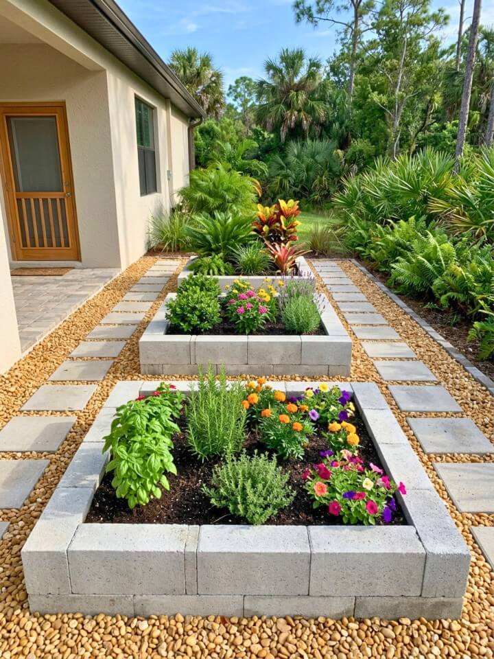 organized landscape with raised garden beds