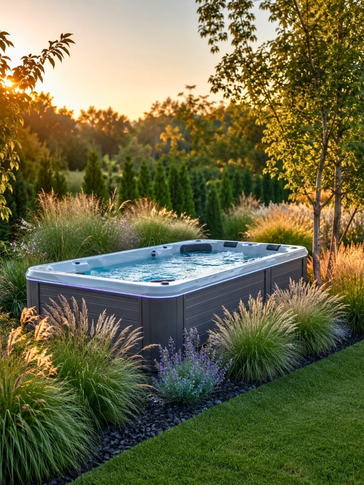 ornamental grass around the swim spa base