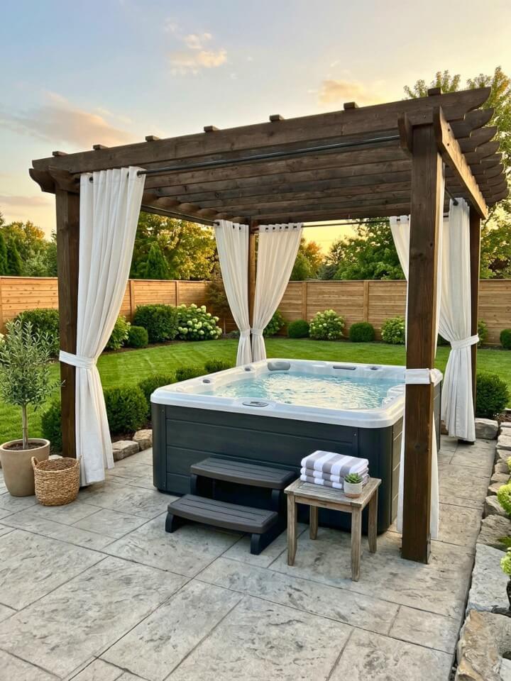 outdoor curtains around a spa pergola