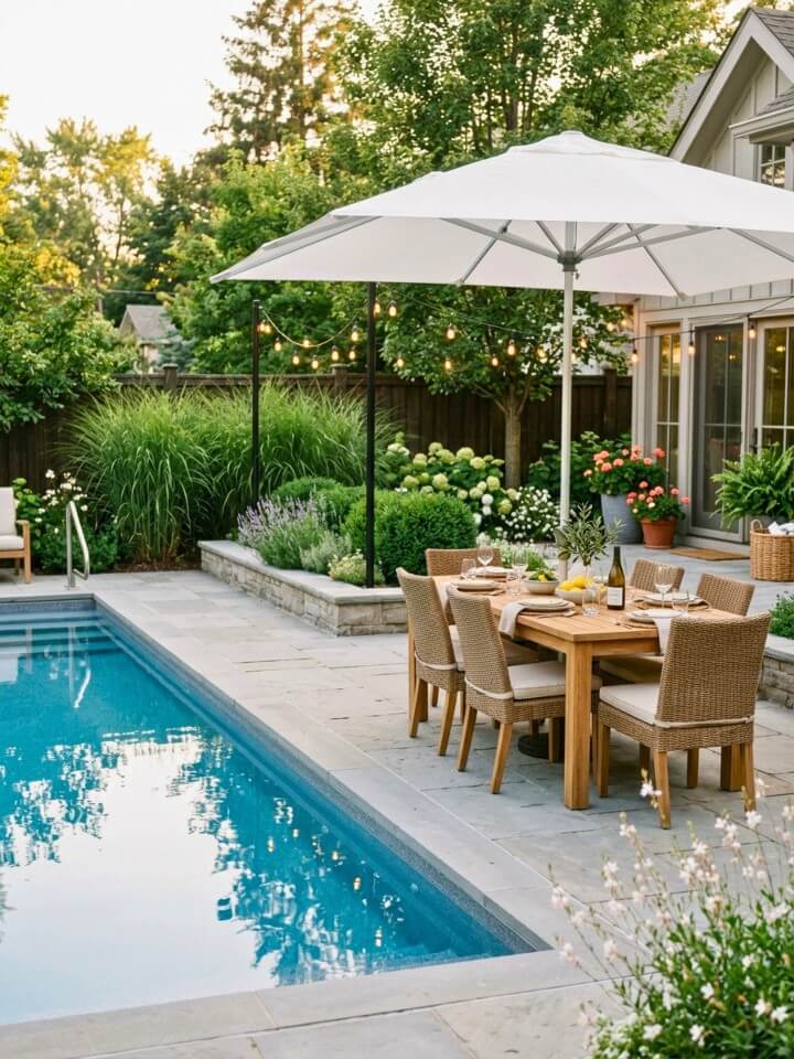 outdoor dining area beside the pool