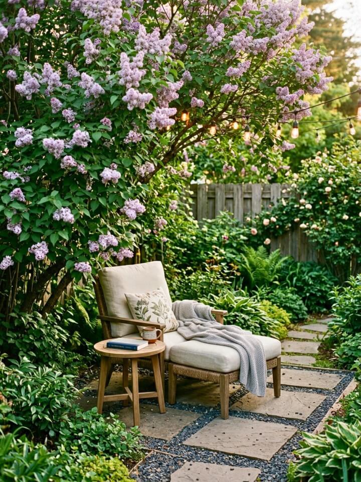 outdoor reading nook with scented spring blooms