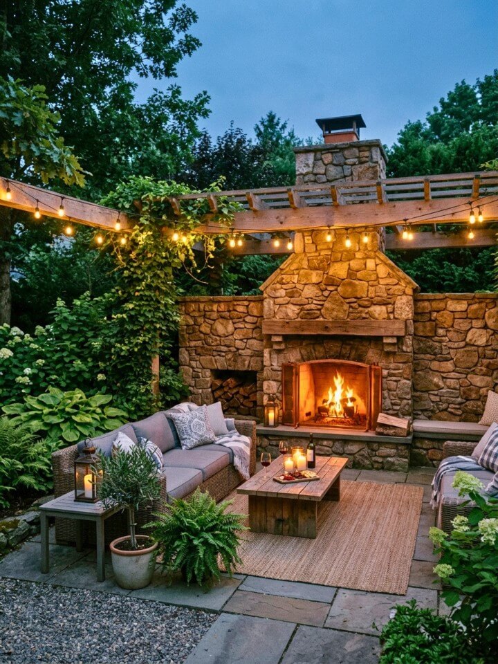 outdoor stone fireplace privacy wall