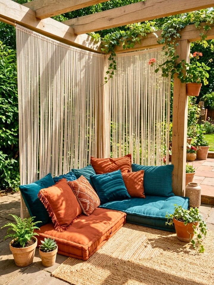outdoor string curtain divider to separate patio zones