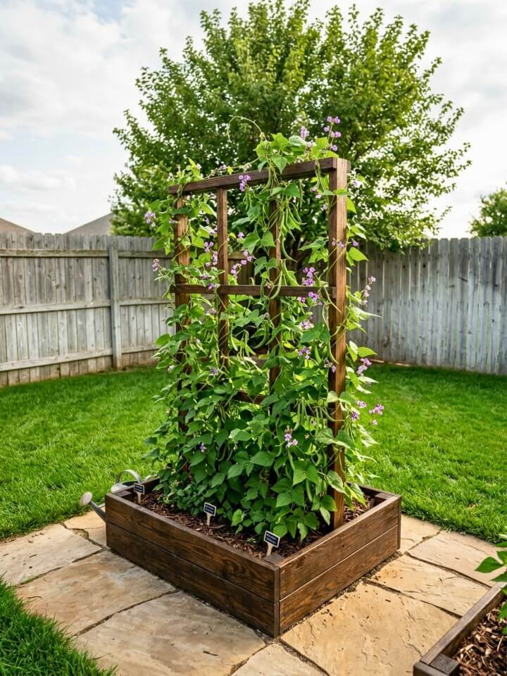 pallet raised bed with climbing support for vines
