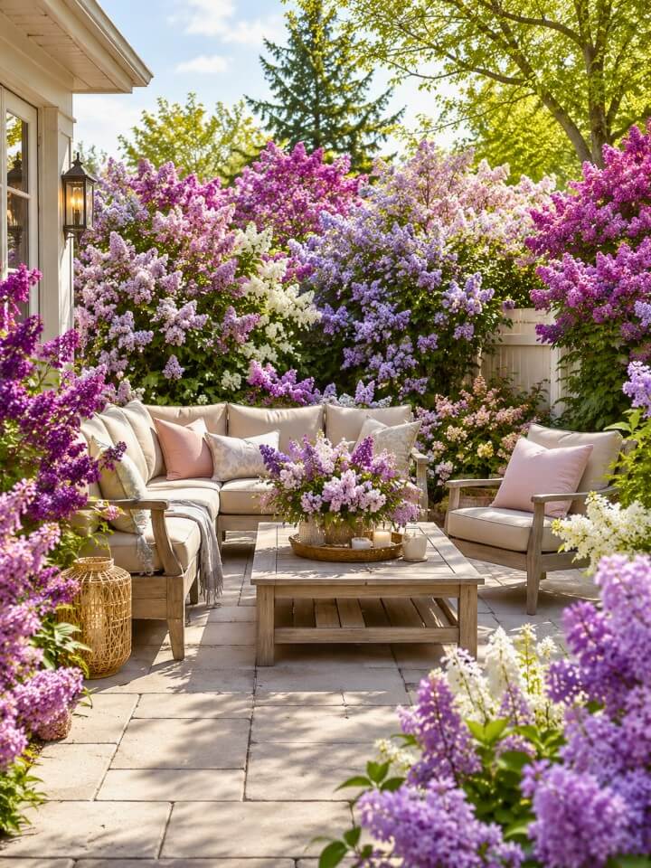 patio with lilac bushes