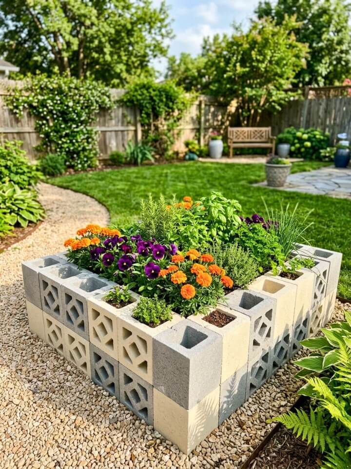 patterned cinder block planter with contrasting colors