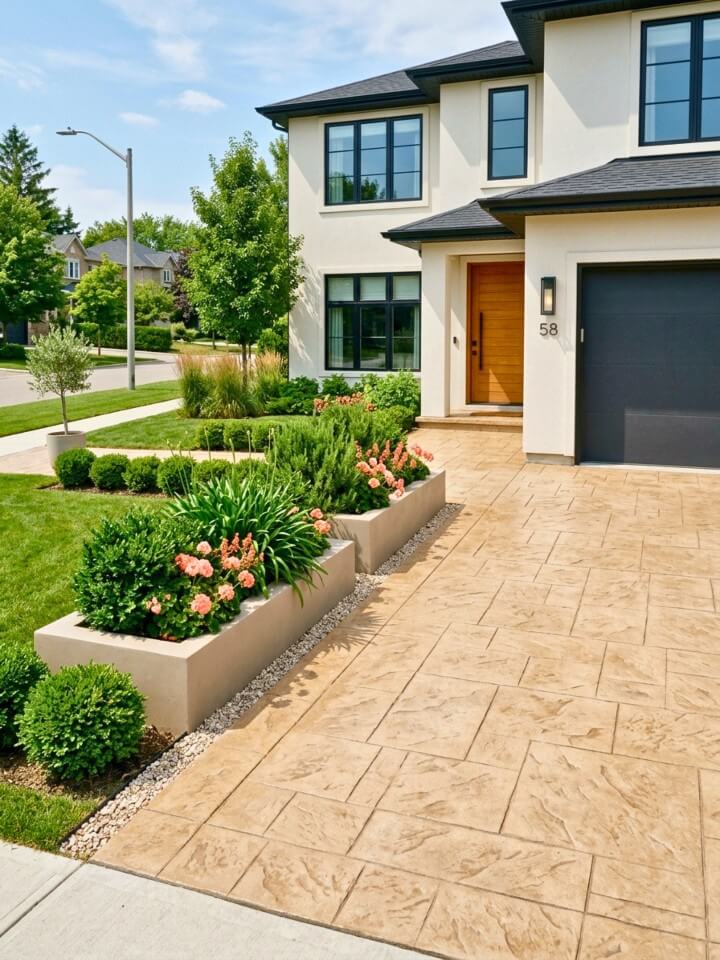 patterned concrete with built in planters