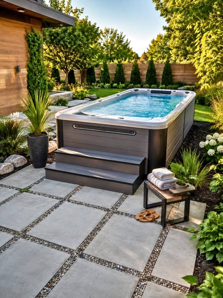 paver landing to enhance swim spa entry