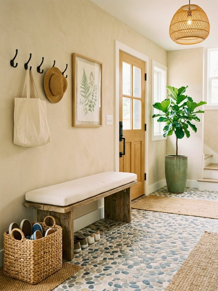 pebble tile flooring for a calm nature inspired entry