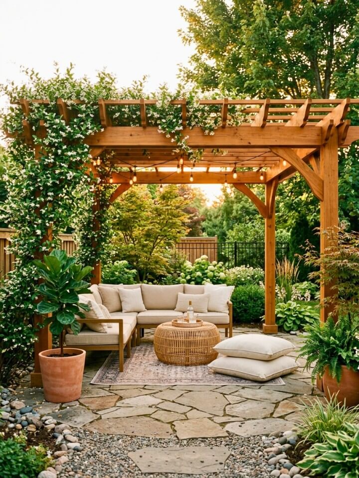 pergola shade area with a comfortable backyard feel