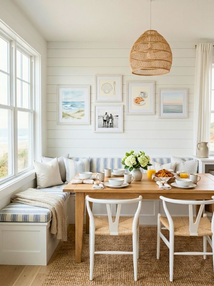 picture wall above a bench or banquette