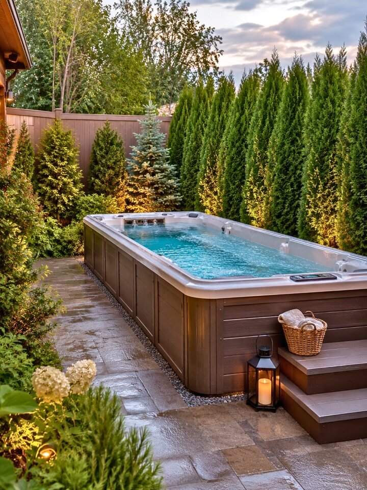 plant evergreens for above ground swim spa