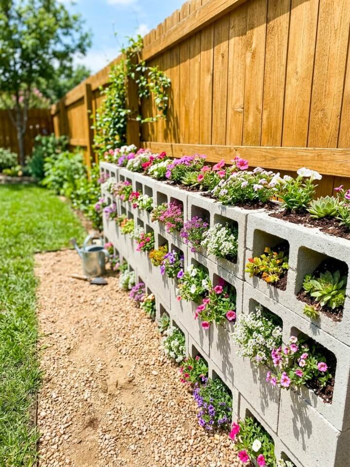pocket planters for small flowers using cinder blocks