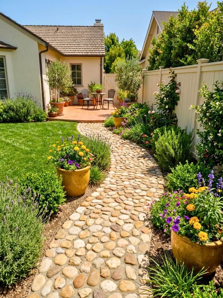 polished river rock walkway inspired by mediterranean yards