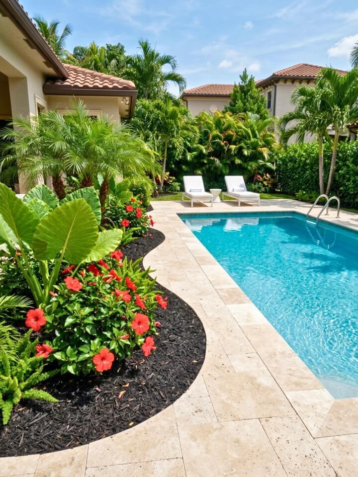 poolside black mulch landscaping with tropical plants