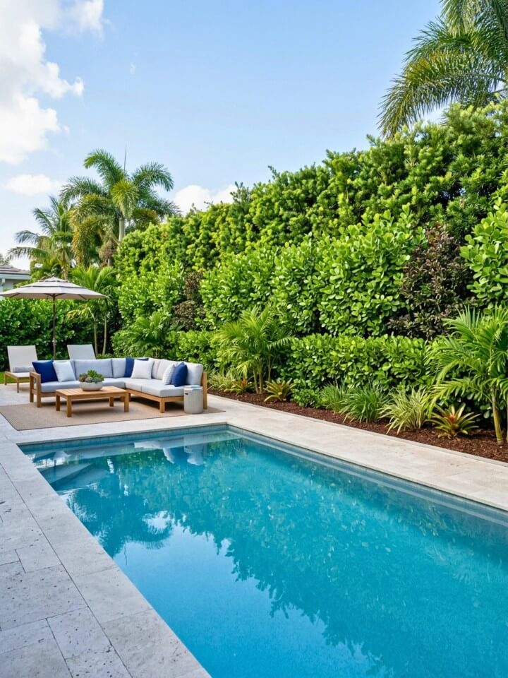 poolside privacy landscaping with easy care hedges