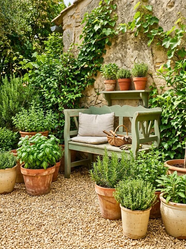 potted herb garden seating on a small patio