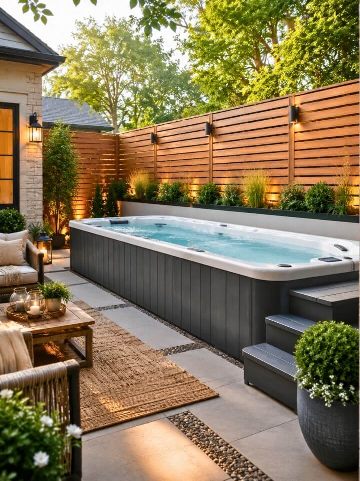 privacy screen behind the swim spa