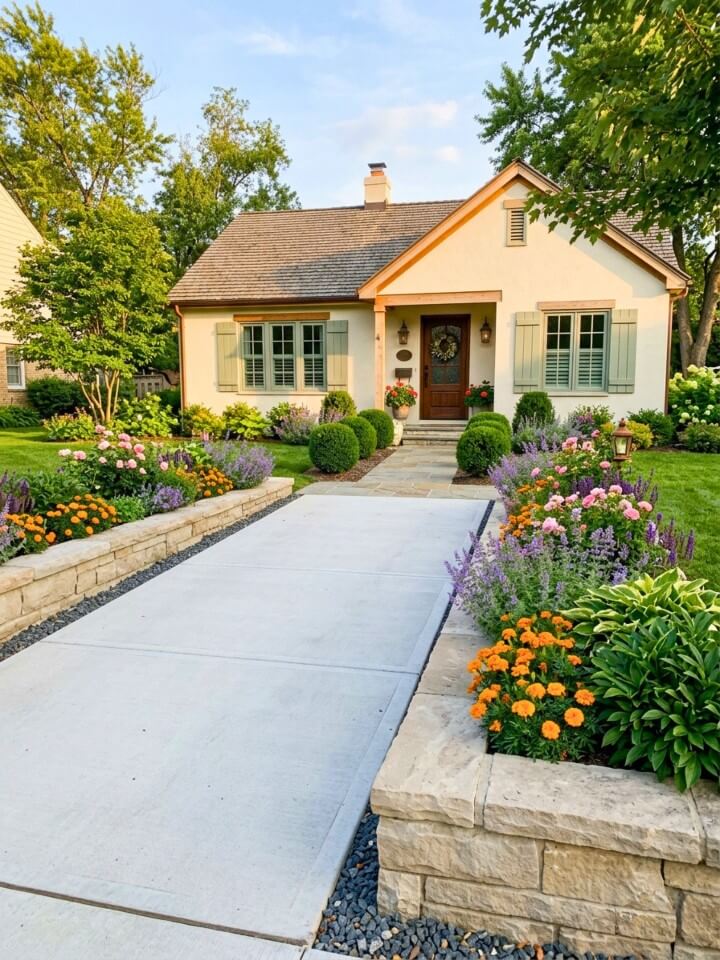 raised flower beds along the entryway