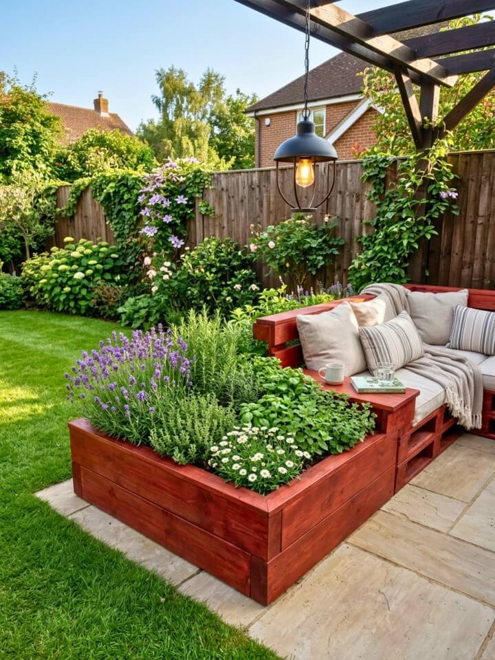 raised garden bed with built in seating using pallets