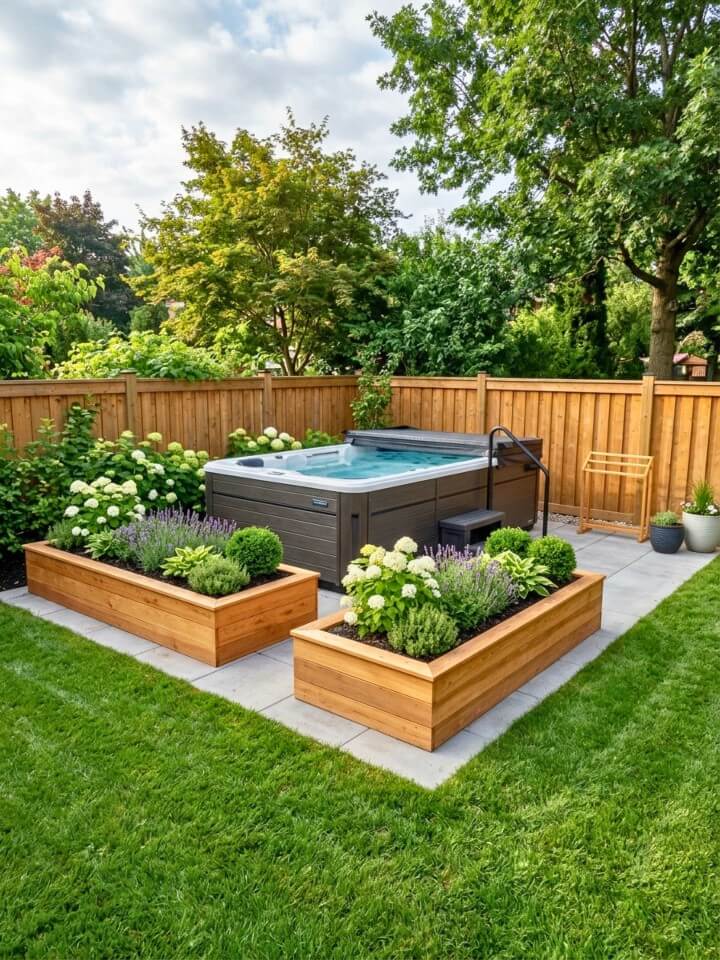 raised garden beds around the swim spa area