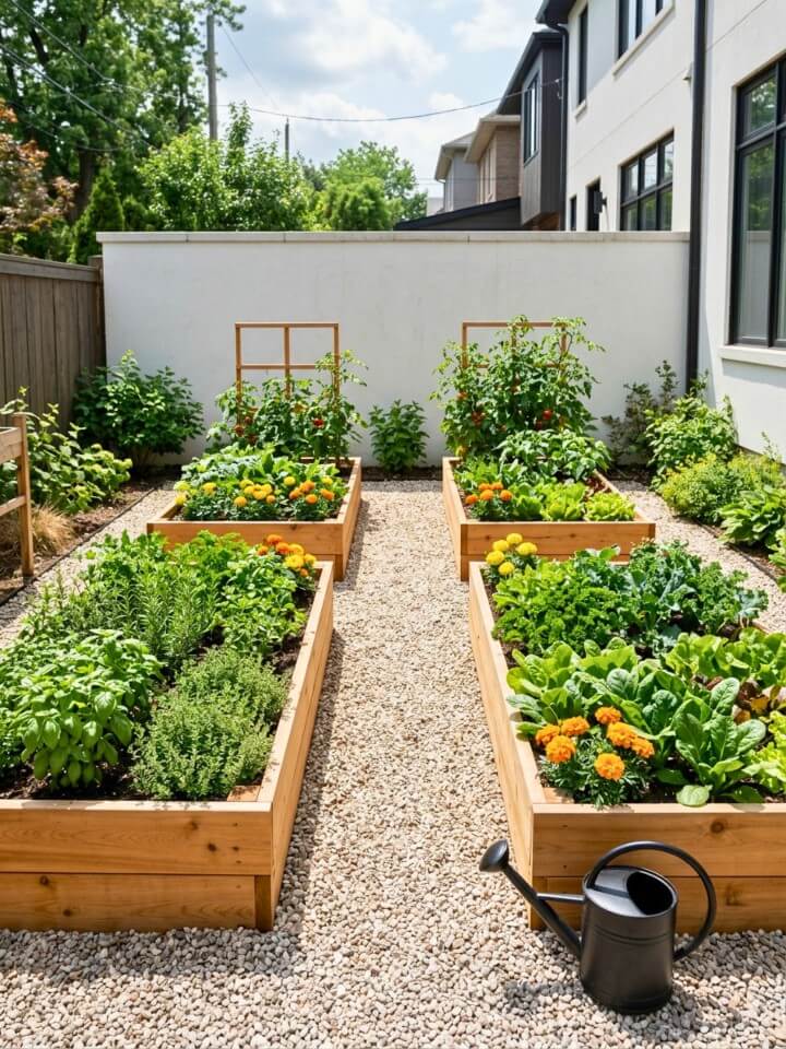 raised garden beds in a clean kdarchistyle landscaping