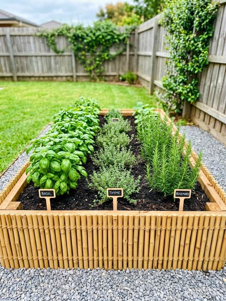 raised garden with bamboo edging for herbs