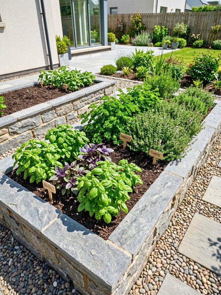 raised herb beds with stone borders